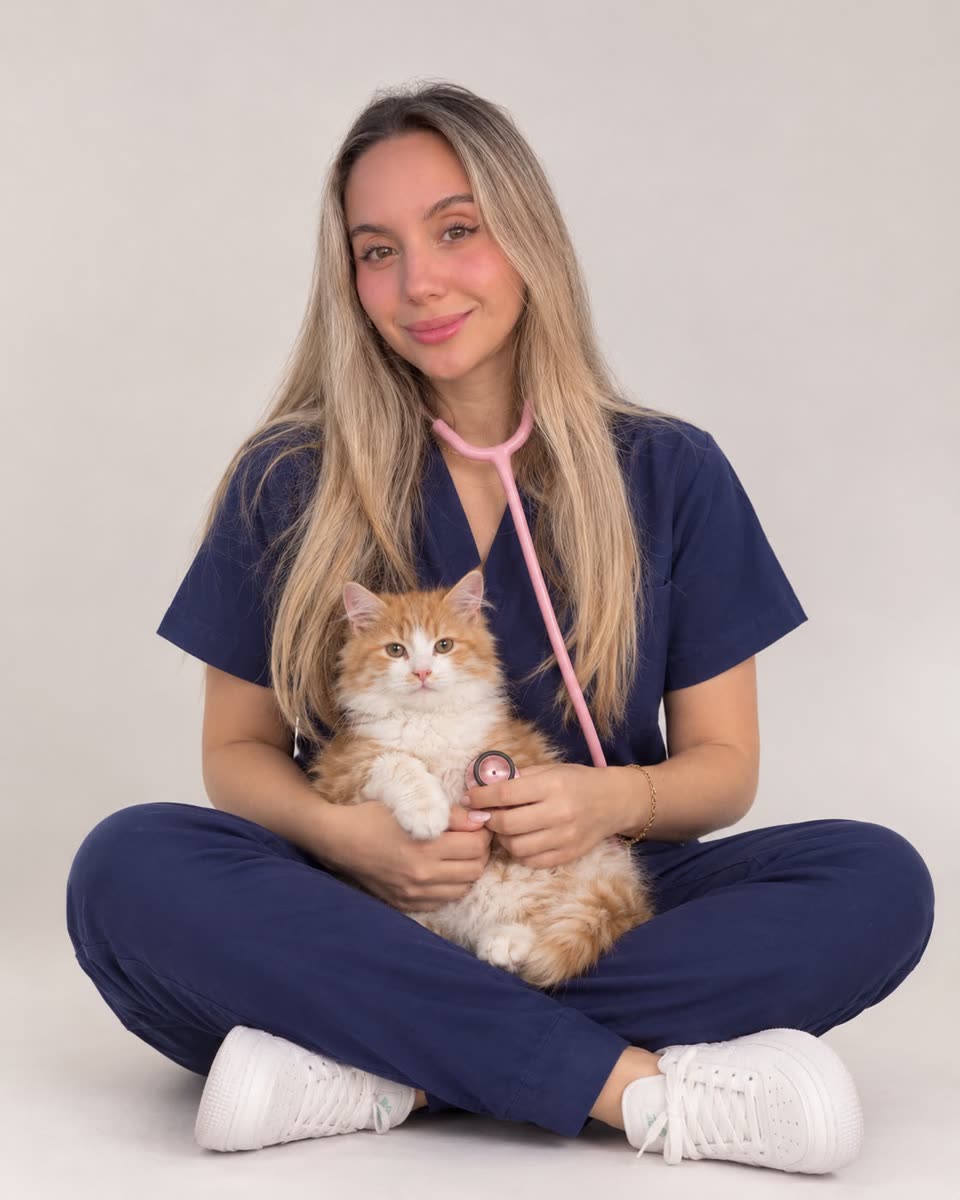 Dra. Paz Mejías, médica veterinaria, con un gato naranja